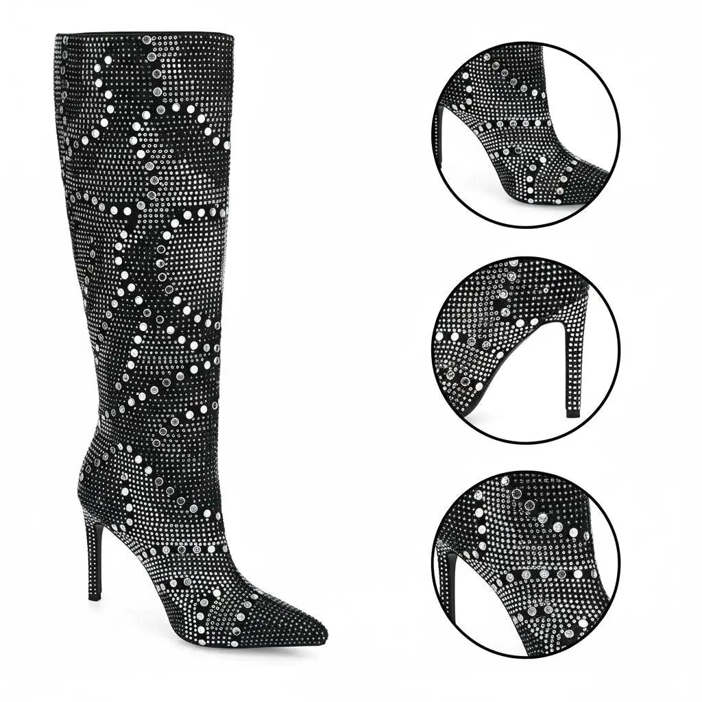 Tuhoomall Western Style Knee-High Glittering Stiletto Boots for Parties and Performances with Rhinestones and Geometric Patterns Tuhoomall