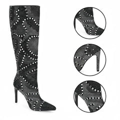 Tuhoomall Western Style Knee-High Glittering Stiletto Boots for Parties and Performances with Rhinestones and Geometric Patterns Tuhoomall