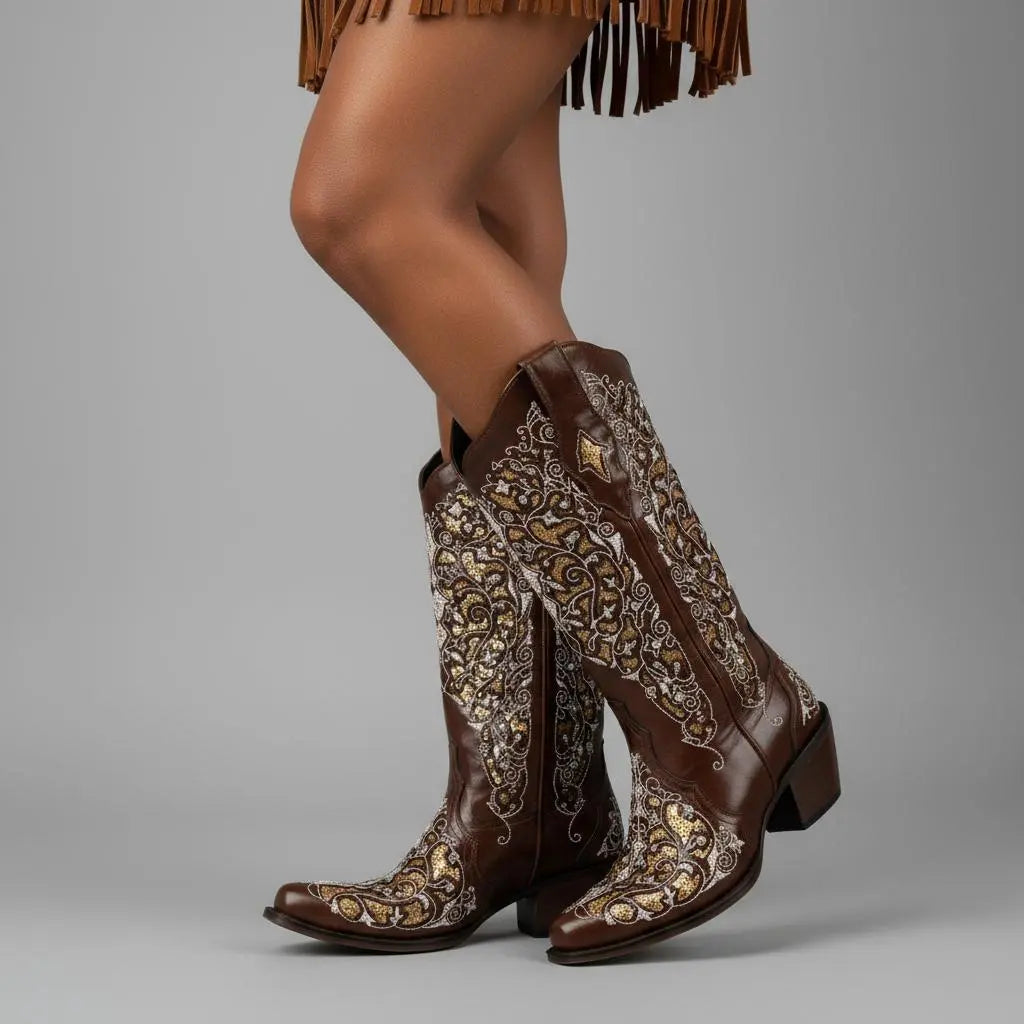 Tuhoomall Western Style Embroidered Mid-Calf Boots For Fashion, Travel, Outdoor - Chunky Heel, Faux Suede, Slip-On, Rhinestones, 3cm Heel Height Tuhoomall