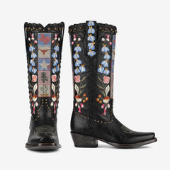 Tuhoomall Western Style Mid-Calf Boots with Floral Design and Stud Details for Fashionable Parties and Everyday Wear, 5cm Chunky Heel