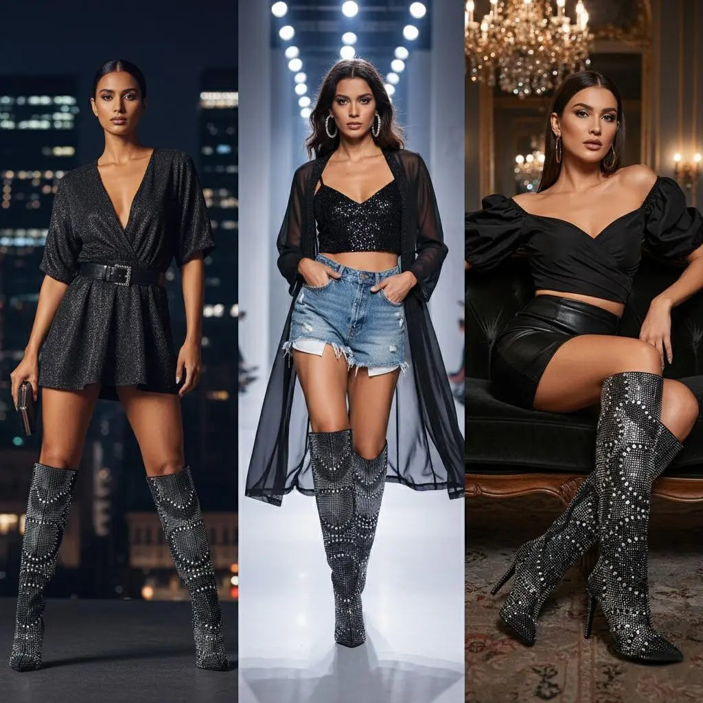 Tuhoomall Western Style Knee-High Glittering Stiletto Boots for Parties and Performances with Rhinestones and Geometric Patterns Tuhoomall