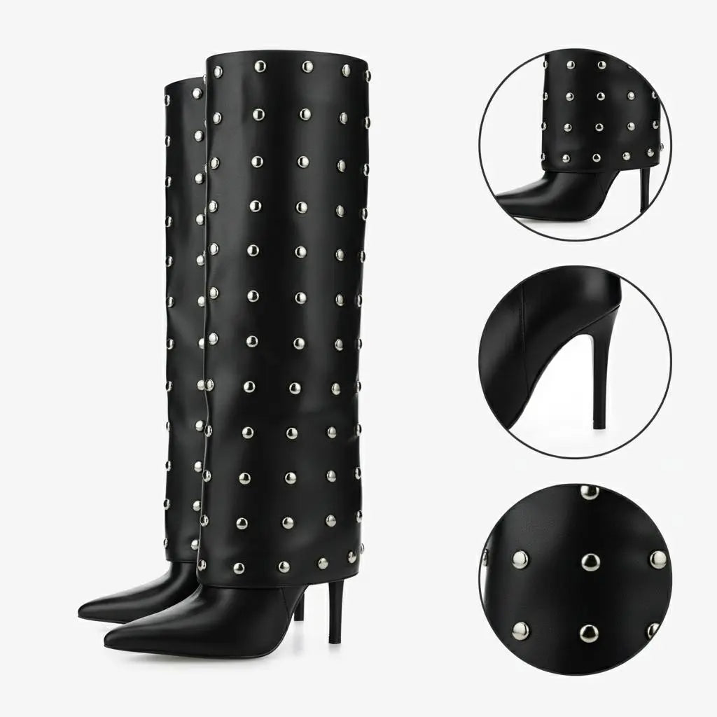 Tuhoomall Foldable Knee High Boots with Studs and Polka Dot Design for Outdoor Fashion Casual Style Tuhoomall
