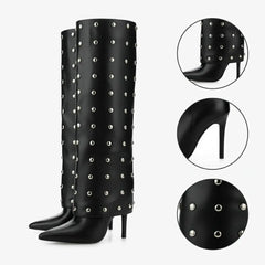 Tuhoomall Foldable Knee High Boots with Studs and Polka Dot Design for Outdoor Fashion Casual Style Tuhoomall