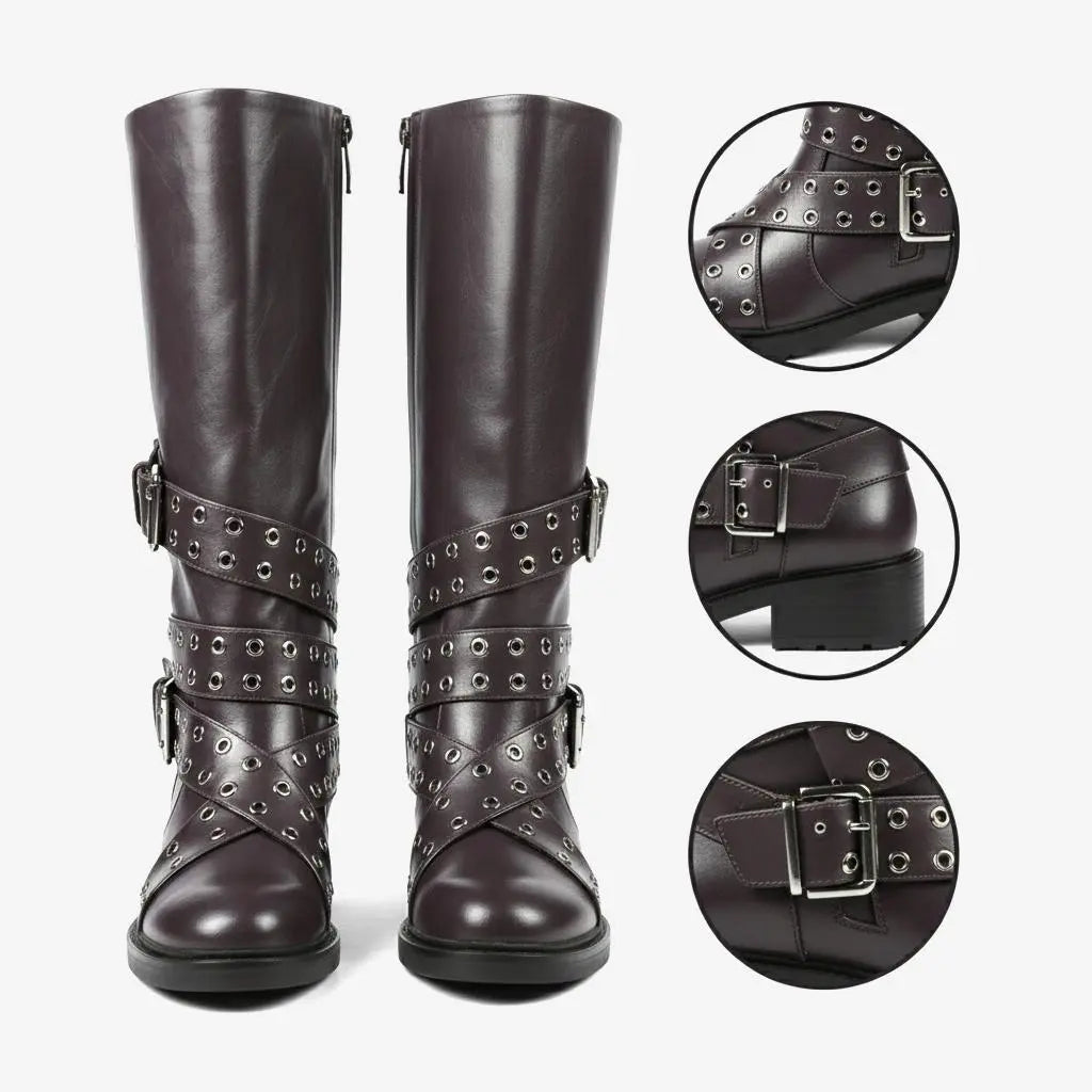 Tuhoomall Knee-High Stylish PU Combat Boots for Women with Adjustable Buckles and Metallic Accents, Casual and Formal Wear, Comfortable Low Chunky Heel Tuhoomall
