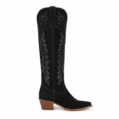 Tuhoomall Faux Suede Knee High Western Boots with Embroidered Eagles for Fashion, Travel, and Parties, 2.36 in Chunky Heel