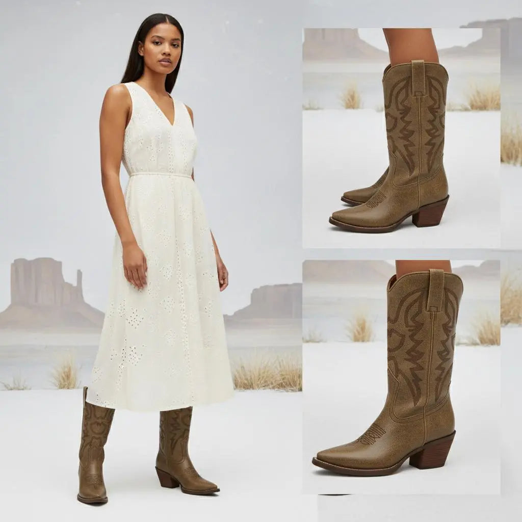 Tuhoomall Western Vintage Cowgirl Boots, Mid-Calf Ankle Booties, Casual Retro Style, Embroidered Design with Chunky Heel Tuhoomall