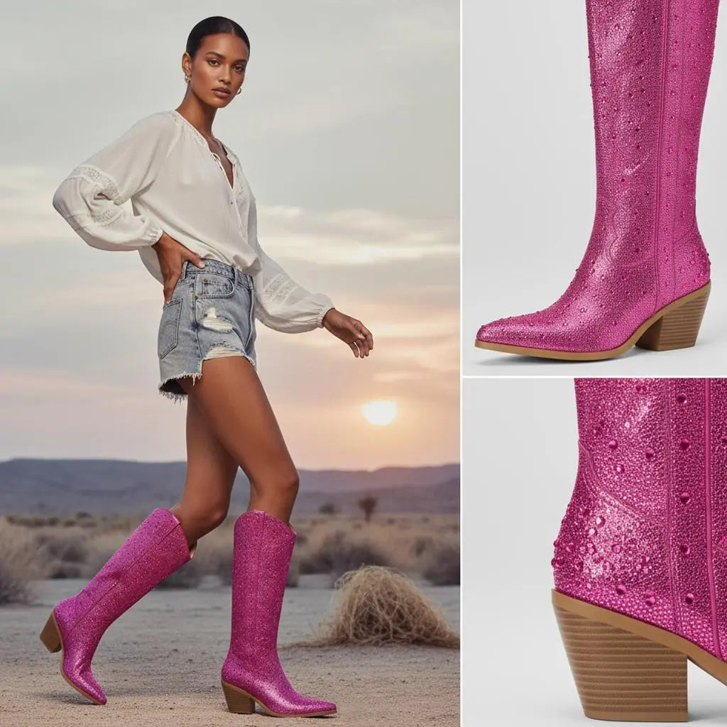 Tuhoomall Rhinestone Western Mid Calf Boots For Women - Chunky Heel & Easy Zip Closure, Stylish For Travel And Weddings Tuhoomall