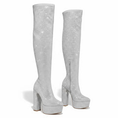 Tuhoomall Thigh High Satin Platform Boots with Chunky Heel and Rhinestone Embellishments for Parties and Special Occasions
