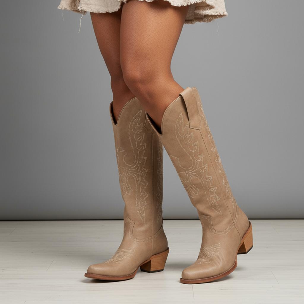 Tuhoomall Western Knee-High Boots for Women, Comfortable Suede Leather with Animal Embroidery, Perfect for Fashion and Casual Travel Activities Tuhoomall