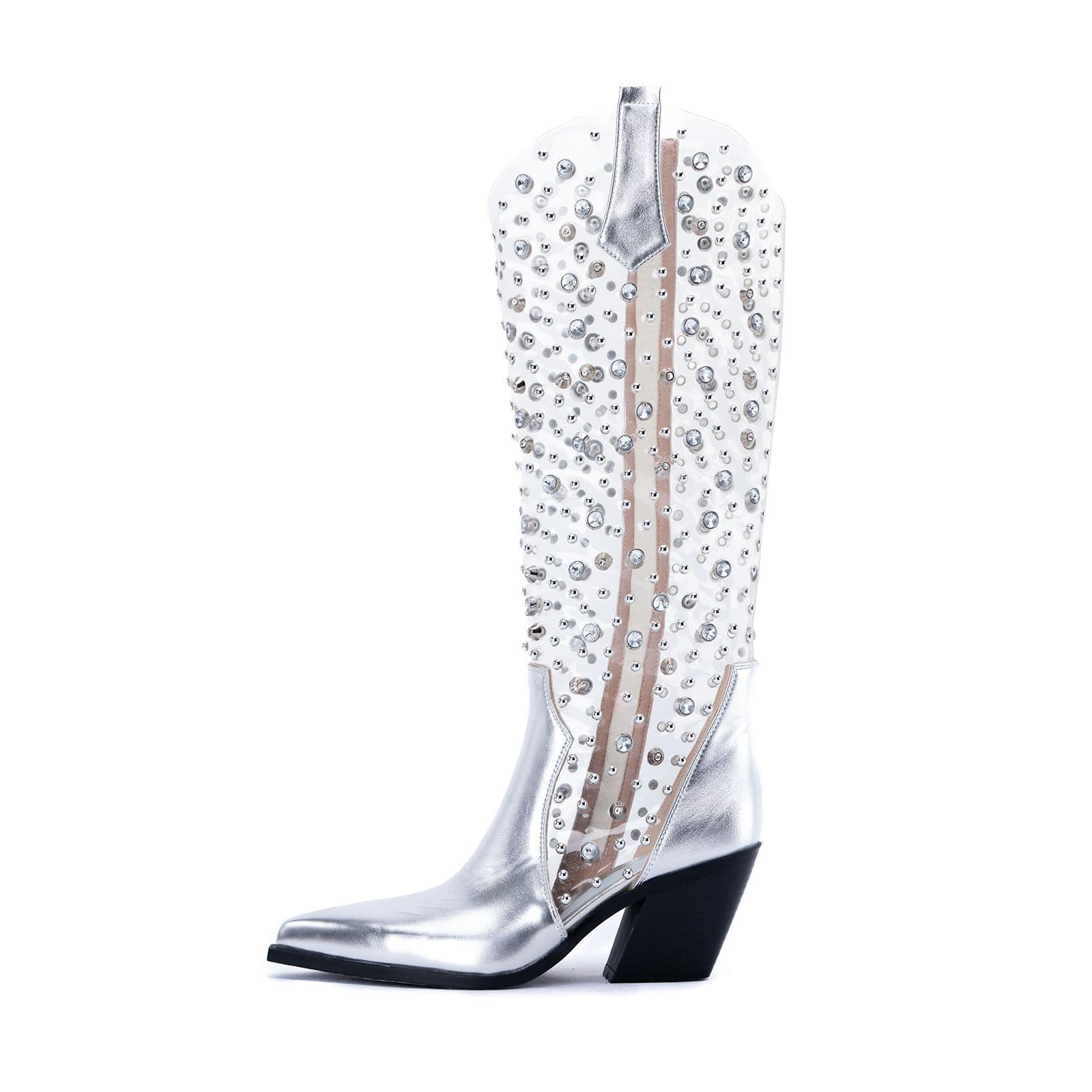 Tuhoomall Mid Calf Cowboy Boots for Women with Rhinestones and Zipper Closure, Fashionable Chunky Heel for Performances and Casual Wear