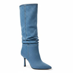 Tuhoomall Slouch Mid Calf Boots For Parties & Performances, Pointed-Toe, Flared Heel, Classic Denim Design, 3.54 in Heel Height