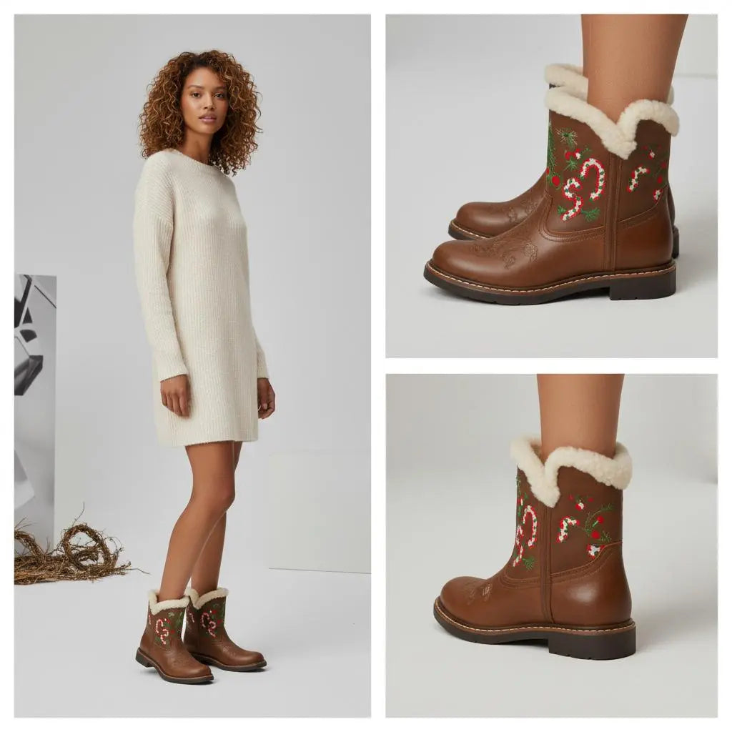 Tuhoomall Christmas Cozy Short Boots – Festive Round-Toe Ankle Style Tuhoomall