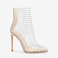 Tuhoomall Elegant Pointed Toe Short Ankle Boots with Zipper, Studs for Party and Runway, 12cm High Heel, All-Season Fashion Footwear