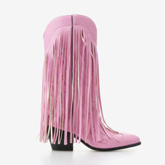 Tuhoomall Comfortable Western Cowgirl Boots with Chunky Heel, Floral Applique and Fringe Detail for Casual Outings All Seasons