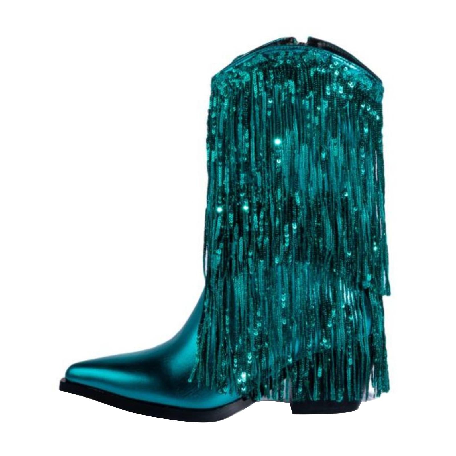 Tuhoomall Cowboy Ankle Boots for Women, Chunky Heel 3.15 in, Pointed Toe, Sequined Fringes, Perfect for Fashion Parties and Performances