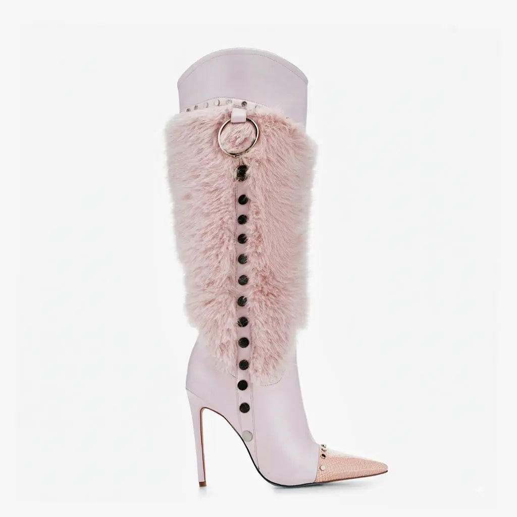 Tuhoomall Heel Fashion Boots for Women, Elegant Pointed Toe High Heels with Studs and Faux Fur, Ideal for Parties and Performances Tuhoomall