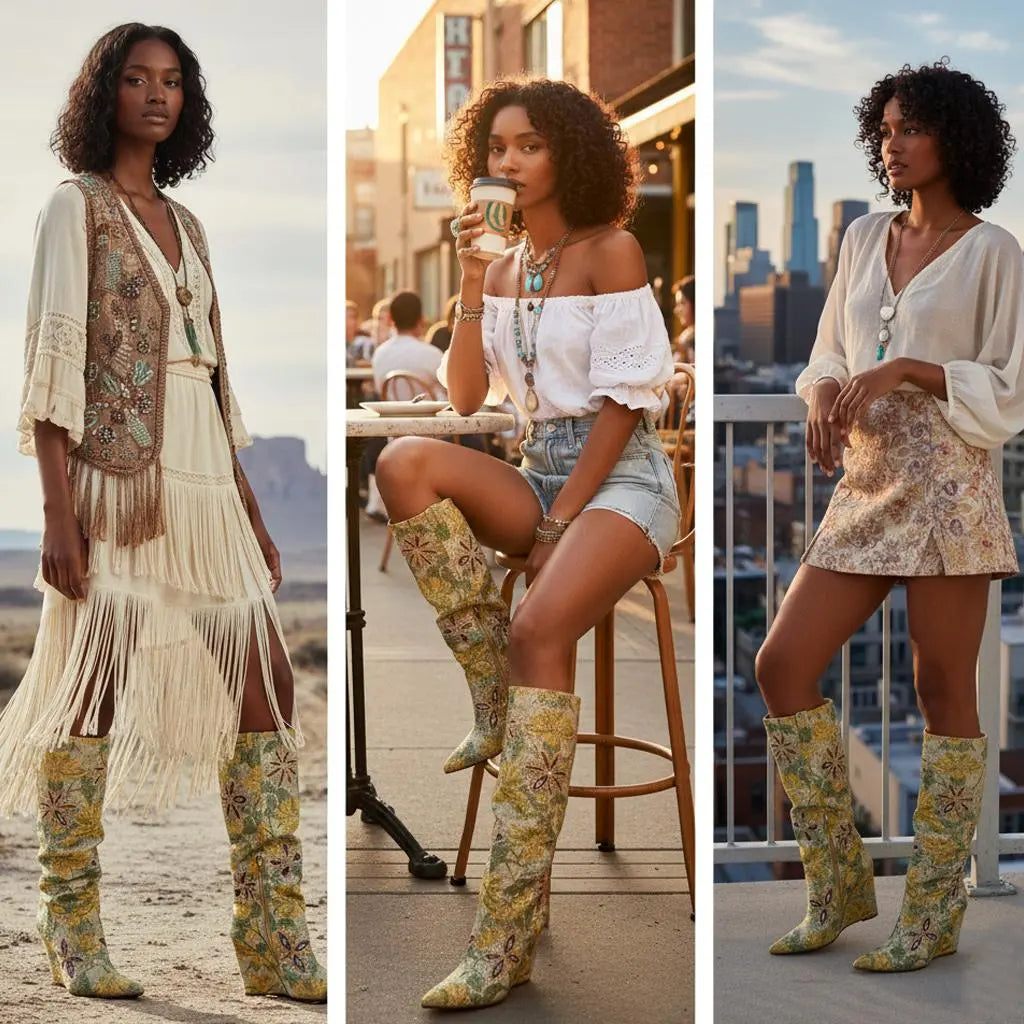 Tuhoomall Over-The-Knee Western Style Boots For Women, Comfortable Floral Design, Perfect For Parties And Casual Outfits Tuhoomall