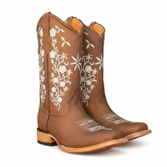 Tuhoomall Western Floral Embroidered Boots for Women - Slip-On, 3.5cm Chunky Heel, Square Toe, Outdoor Fashion, Versatile Everyday Wear