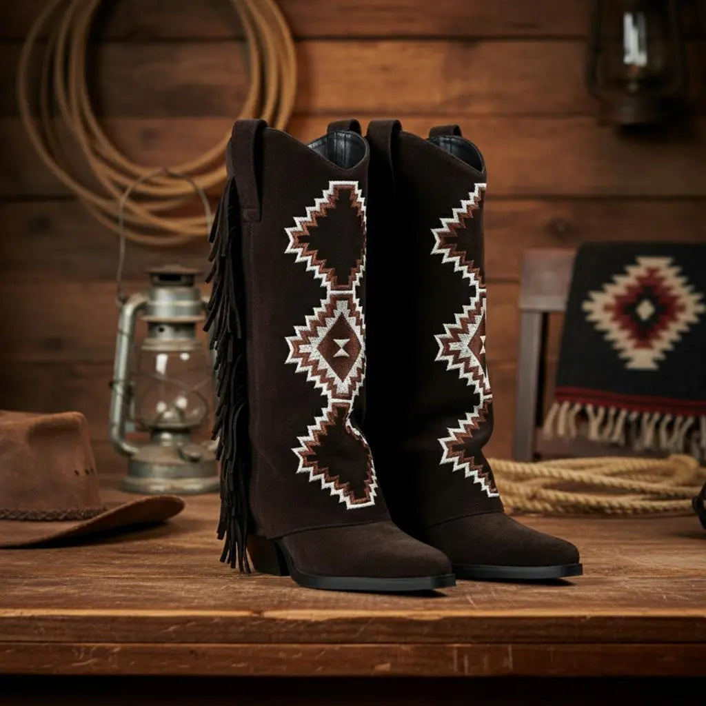 Tuhoomall Western Style Mid-Calf Booties with Colorful Geometric Patterns and Floral Embroidery - Perfect for Bohemian Chic Casual Outfits Tuhoomall