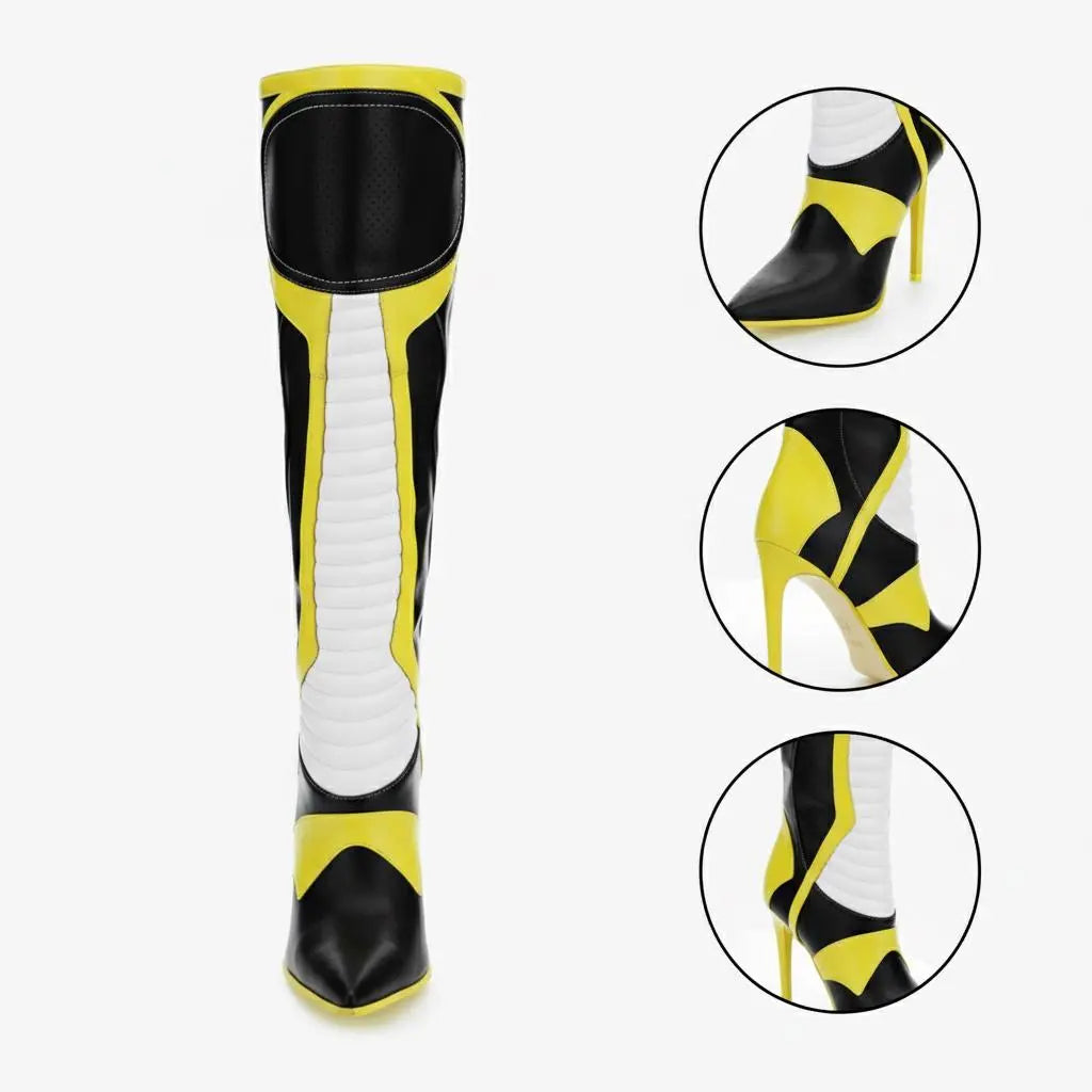 Tuhoomall Knee High Boots, Comfortable Stiletto Heels, Slip-Resistant Design, Stylish Striped Patchwork for Parties and Performances Tuhoomall