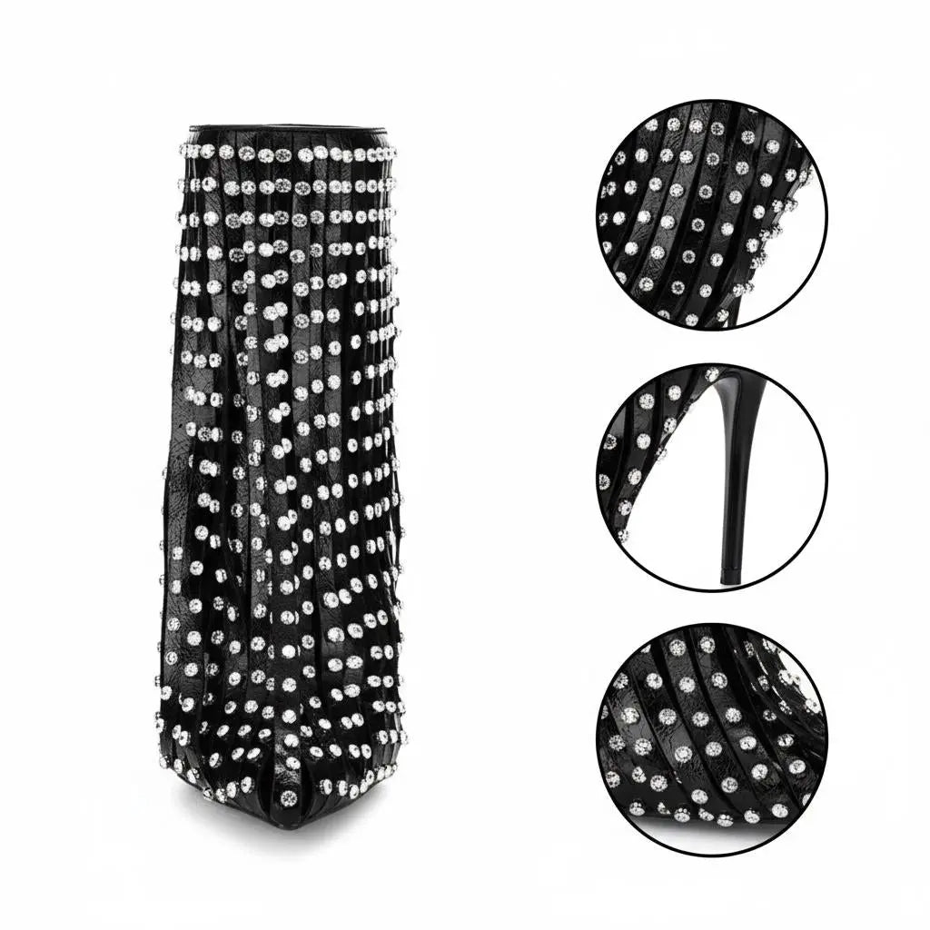 Tuhoomall Ankle Boots with Fringe and Rhinestones for Party Performance, Stylish High Heel, Polka Dot Design, All-Season Wear Tuhoomall