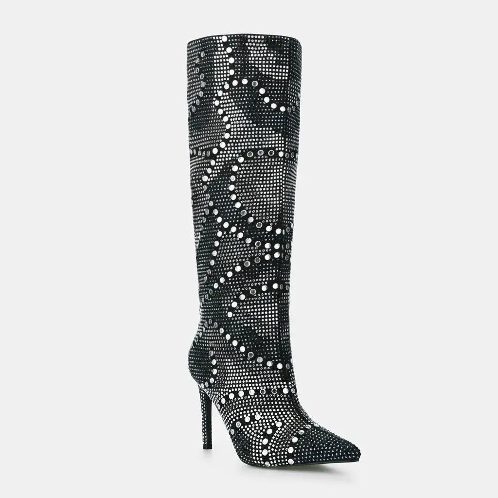Tuhoomall Western Style Knee-High Glittering Stiletto Boots for Parties and Performances with Rhinestones and Geometric Patterns Tuhoomall