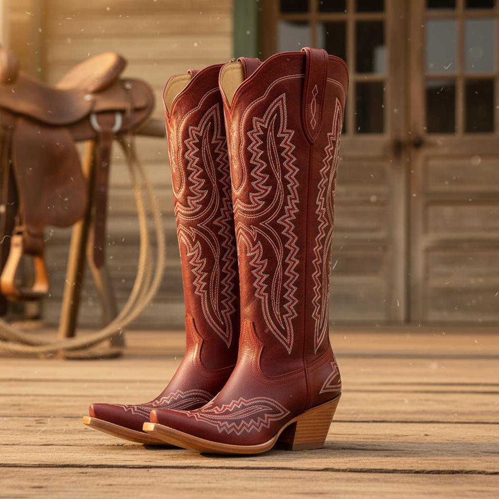 Tuhoomall Western Over-the-Knee Boots for Women, Floral Embroidered Chunky Heel, Comfortable Slip-On, Stylish for Travel and Outdoor Fashion