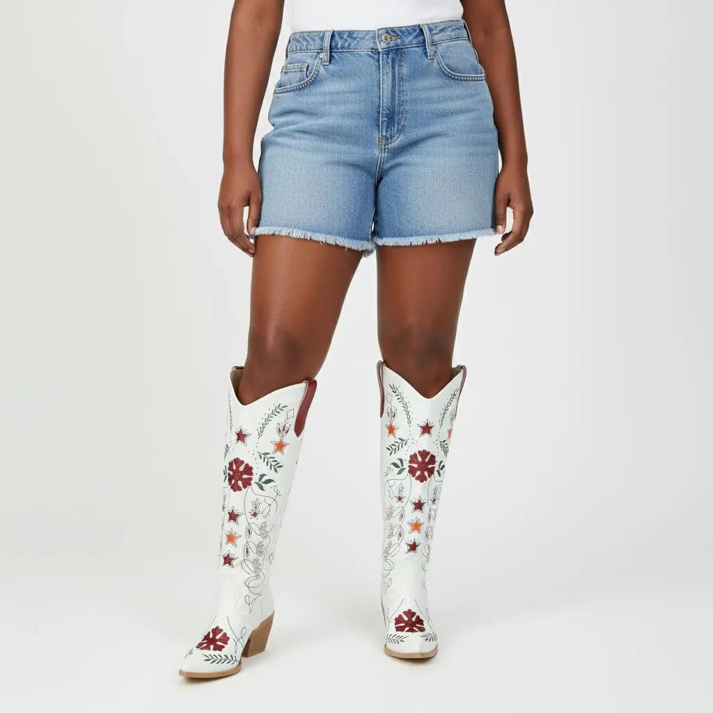 Tuhoomall Western Cowboy Knee-High Boots with Floral Embroidery, Chunky Heels for Fashion, Outdoor and Casual Wear, Unique Hollow Design, All-Season Ready Tuhoomall