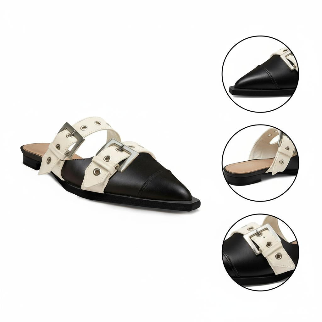 Tuhoomall Comfortable Pointed-Toe Mule Sandals for Summer Travel | Adjustable Metal Button Design | Casual Street Style Tuhoomall
