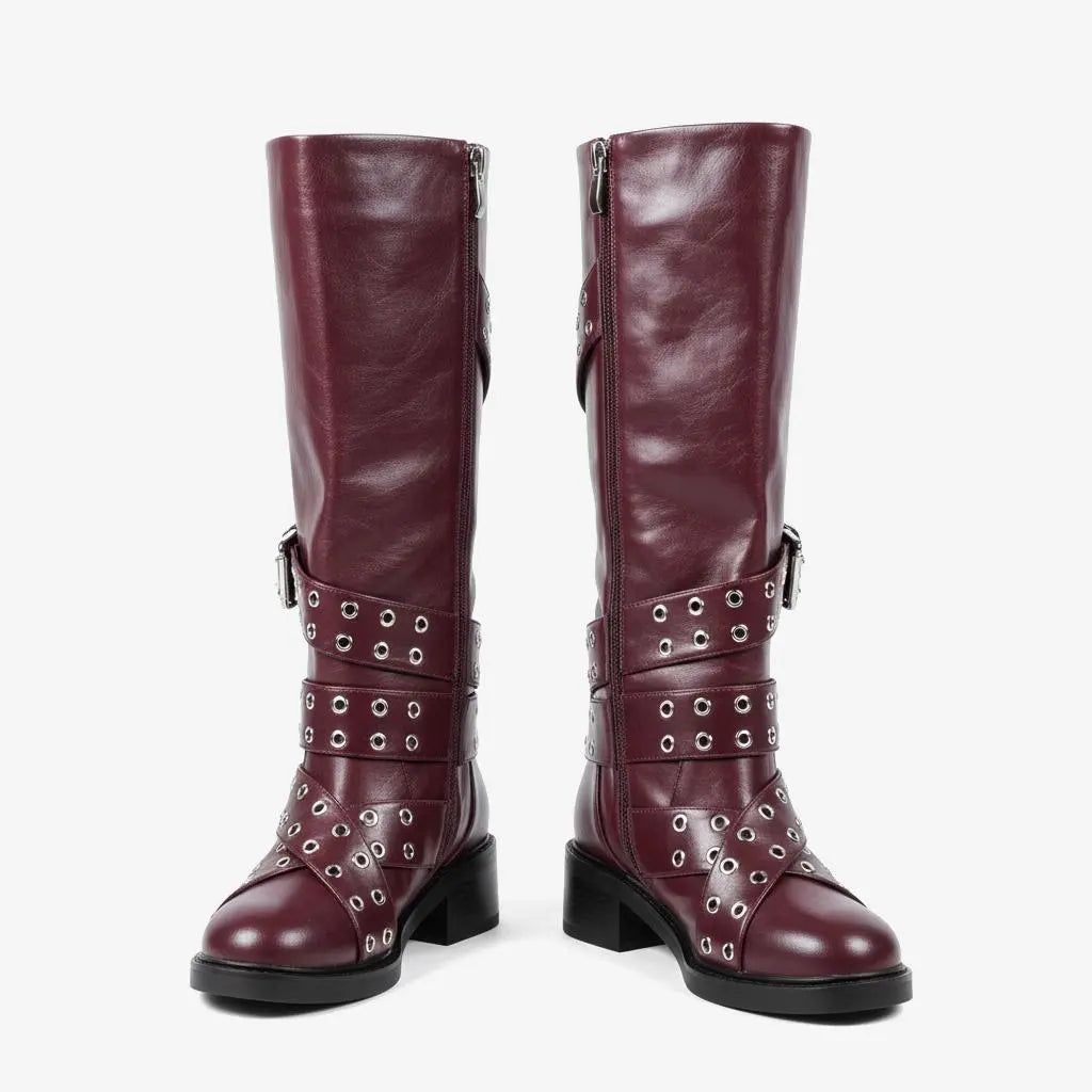 Tuhoomall Knee-High Stylish PU Combat Boots for Women with Adjustable Buckles and Metallic Accents, Casual and Formal Wear, Comfortable Low Chunky Heel Tuhoomall