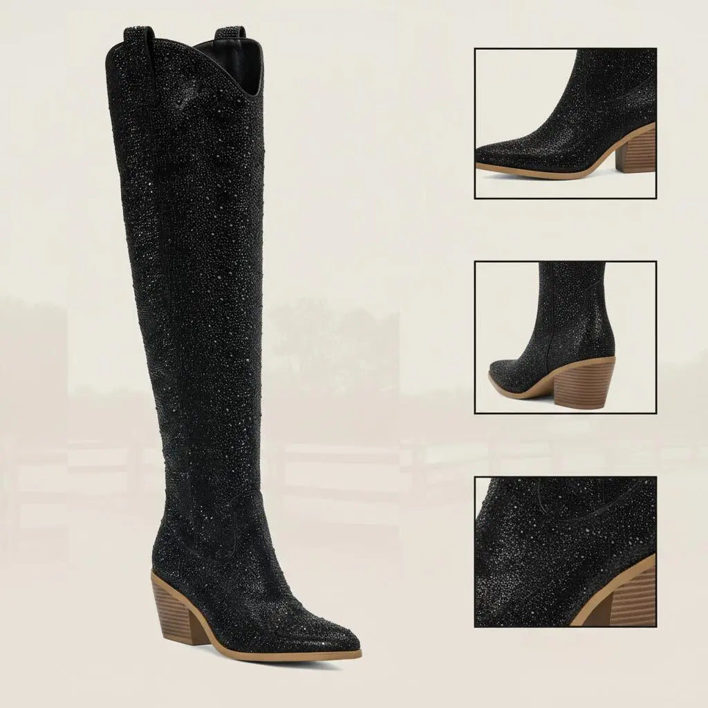 Tuhoomall Western Over-Knee Cowboy Boots With Chunky Heel, Rhinestone-Studded Vegan Leather, Casual All-Season Style, Round Toe, Zipper Closure Tuhoomall