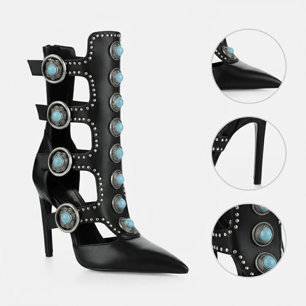 Tuhoomall Fashion Ankle Boots for Women with Chunky Heels, Pointed Toe, Embellished Design, Perfect for Casual, Performances, and Parties Tuhoomall