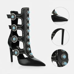 Tuhoomall Fashion Ankle Boots for Women with Chunky Heels, Pointed Toe, Embellished Design, Perfect for Casual, Performances, and Parties Tuhoomall