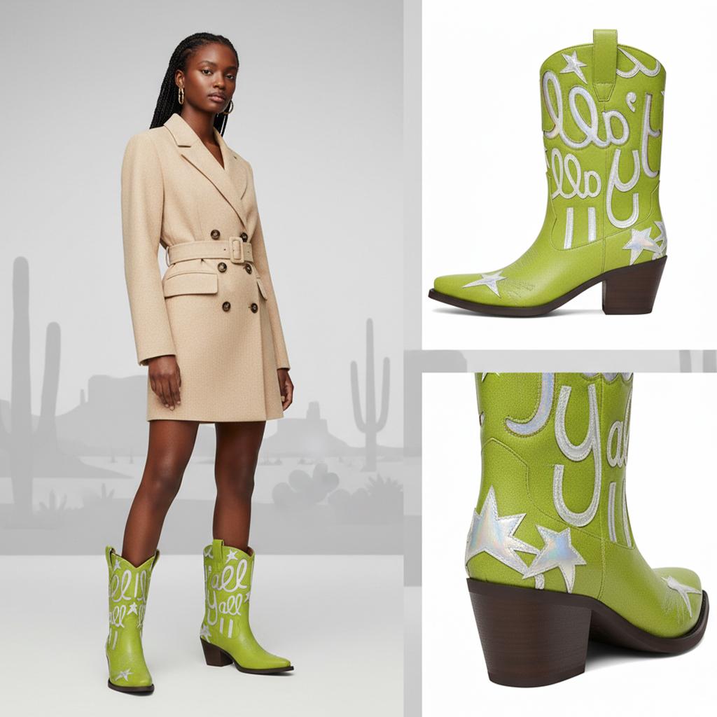 Tuhoomall Comfortable Western Boots for Fashion Parties and Daily Wear with Star and Letter Embroidery, Chunky Heel, Slip-On Design Tuhoomall