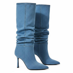 Tuhoomall Slouch Mid Calf Boots For Parties & Performances, Pointed-Toe, Flared Heel, Classic Denim Design, 3.54 in Heel Height