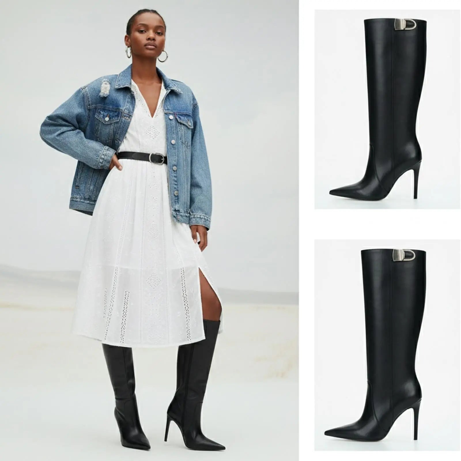Tuhoomall Knee-High Stiletto Boots for Women - Comfortable PU Leather, Stylish Pointed Toe, Chic Metallic Accents Tuhoomall