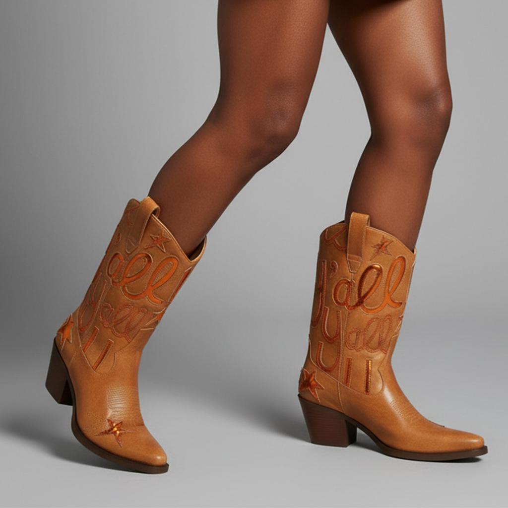 Tuhoomall Comfortable Western Boots for Fashion Parties and Daily Wear with Star and Letter Embroidery, Chunky Heel, Slip-On Design Tuhoomall