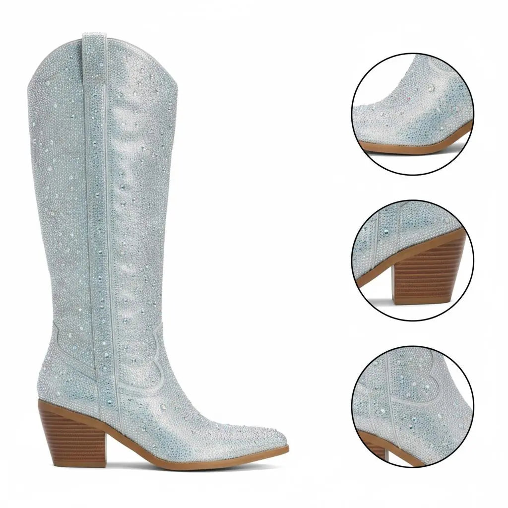 Tuhoomall Rhinestone Western Mid Calf Boots For Women - Chunky Heel & Easy Zip Closure, Stylish For Travel And Weddings Tuhoomall
