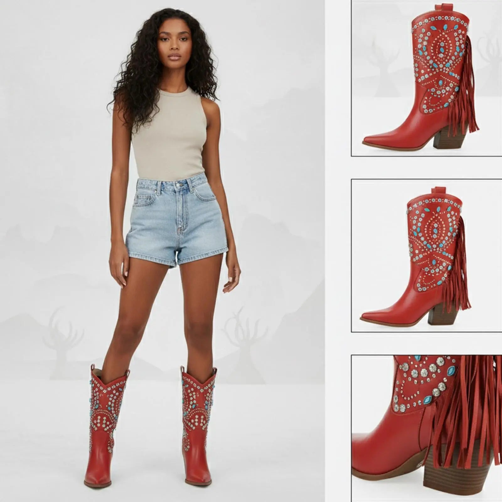 Tuhoomall Western Style Floral Embellished Mid-Calf Cowboy Boots with Chunky Heel for Fashion, Outdoor, Party and Casual Western Boots Tuhoomall