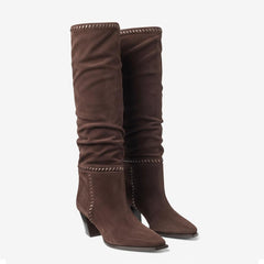 Tuhoomall Knee-High Ruffle Fashion Boots for Women, Chunky Heel, Slip-On, Stylish All-Season Wear