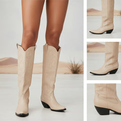 Tuhoomall Western Mid Calf Boots for Women, Embroidered Pointed Toe, Chunky Heel, Slip-On Design for Casual Style