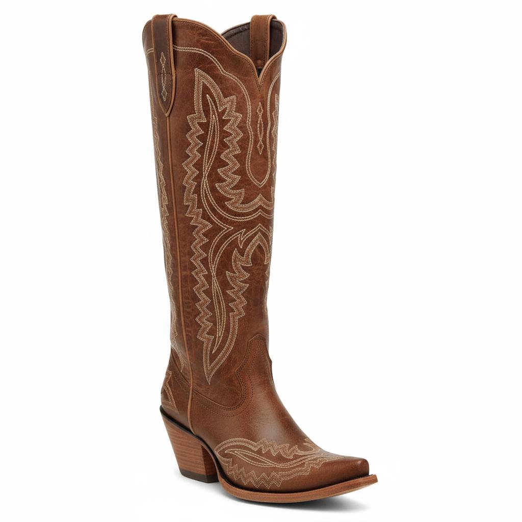 Tuhoomall Western Knee-High Cowgirl Boots with Chunky Heel and Floral Embroidery for Outdoor Fashion and Casual Wear