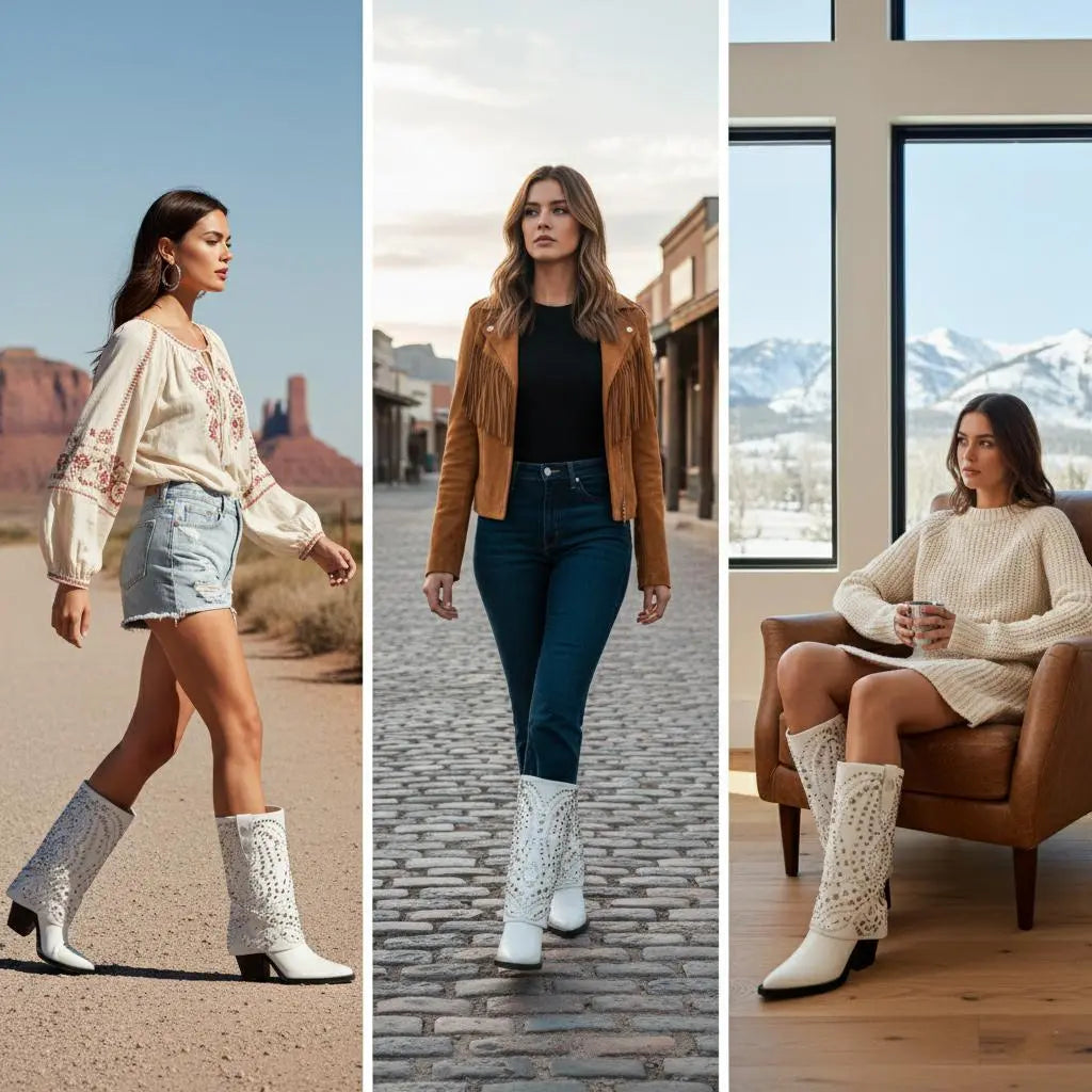 Tuhoomall Western Cowboy Boots For Women, Mid-Calf Foldable Design, Trendy Geometric Pattern, Chunky Heel, Sparkling Studs, Perfect For Outdoor Fashion Tuhoomall