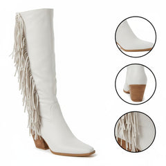 Tuhoomall Western Knee High Boots with Fringe, Round Toe, Chunky Heels for Stylish Casual Fashion, All Season Comfort