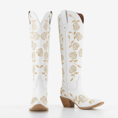 Tuhoomall Western Embroidered Knee-High Boots for Women, Floral Chunky Heel, Slip-On Design for Weddings and Casual Outings