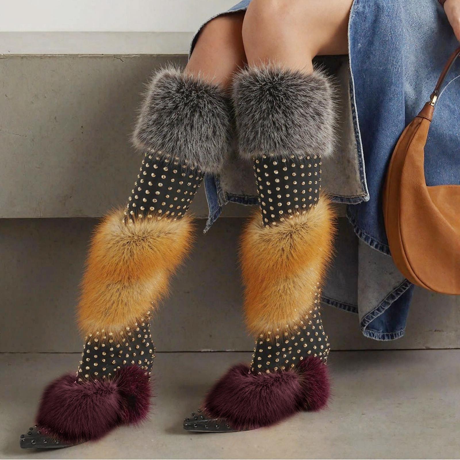 Tuhoomall  Stylish Over-the-Knee Chunky Heeled Boots for Parties and Performances with Faux Fur and Studs