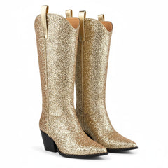 Tuhoomall Western Block Heel Ankle Boots with Glitter Detail, 2.50 in Heel Height, Stylish for Parties and Performances, Faux Leather Lining