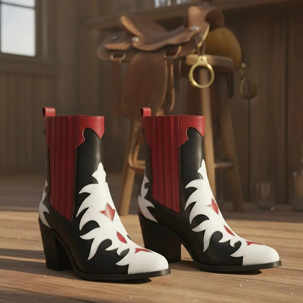 Tuhoomall Fashion Women's Short Boots with Chunky Heel, Pointed Toe, Floral Embroidery, Casual and Business Wear for All Seasons Tuhoomall