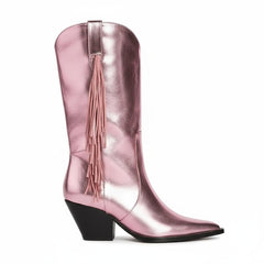 Tuhoomall Western Mid Calf Boots for Women, Metallic Bright Surface with Fringe, Slip-On, Casual Style, Chunky Heel, Perfect for Parties and Performances