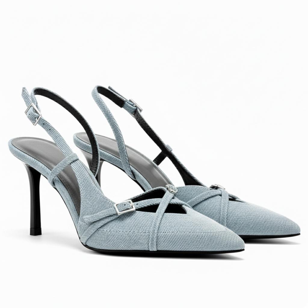 Tuhoomall Stylish High Heel Pumps for Office, Daily Wear, Featuring Pointed Toe and Buckle Closure, Comfortable 3.1 Inch Heels, Rubber Sole, Denim Material Tuhoomall